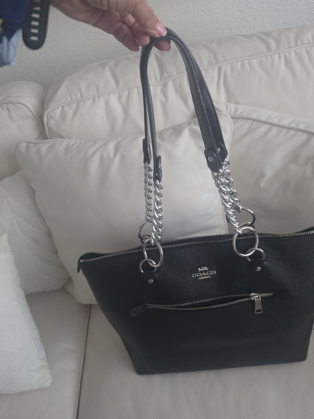 Coach Black Leather Tote with Silver Chain Straps